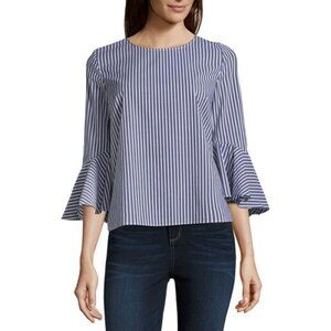 By & by Long Sleeve V Neck Poplin Blouse-Juniors in Indigo Oxford Stripe New